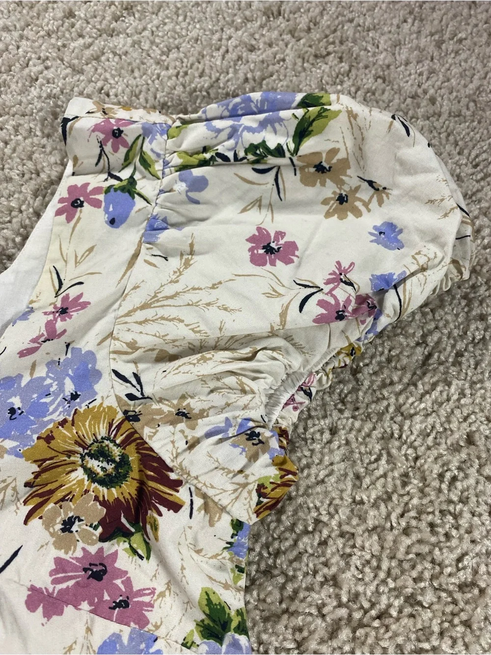 Anthropologie Small Puff Sleeve Peplum Top Cream Floral Square-Neck